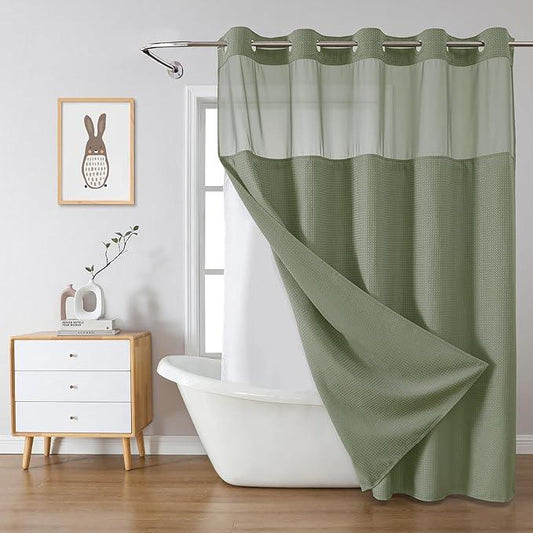 eachope SageGreen Extra Long No Hook Waffle Weave Shower Curtain with snap-in Liner Replacement, 230GSM Waterproof Fabric Hotel Shower Curtain Set for Bathroom, Through Mesh Top Window,71Wx86H - ModernBath