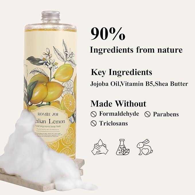 ROMIIE ZOI Hand Soap Refills Foaming 3pack (33.8 Fl Oz) + Reuseable Foam Soap Dispenser, Natural and Moisturizing Foaming Refills Kit, Lemon Hand Soap Refills - ModernBath