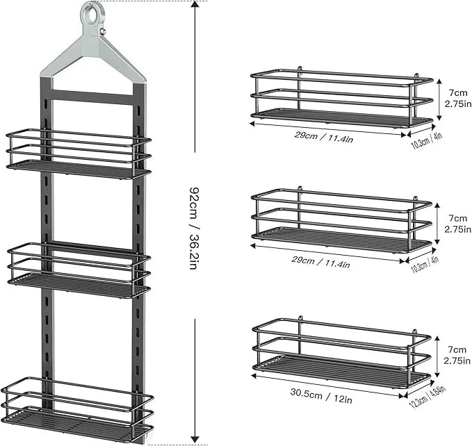 Orimade Adjustable Anti-slip Shower Caddy over Head, Rustproof Bathroom Hanging Shower Organizer with 2 Hooks for Razor, No Drilling Shower Shelves Storage Rack 3 Tier, Grey - ModernBath