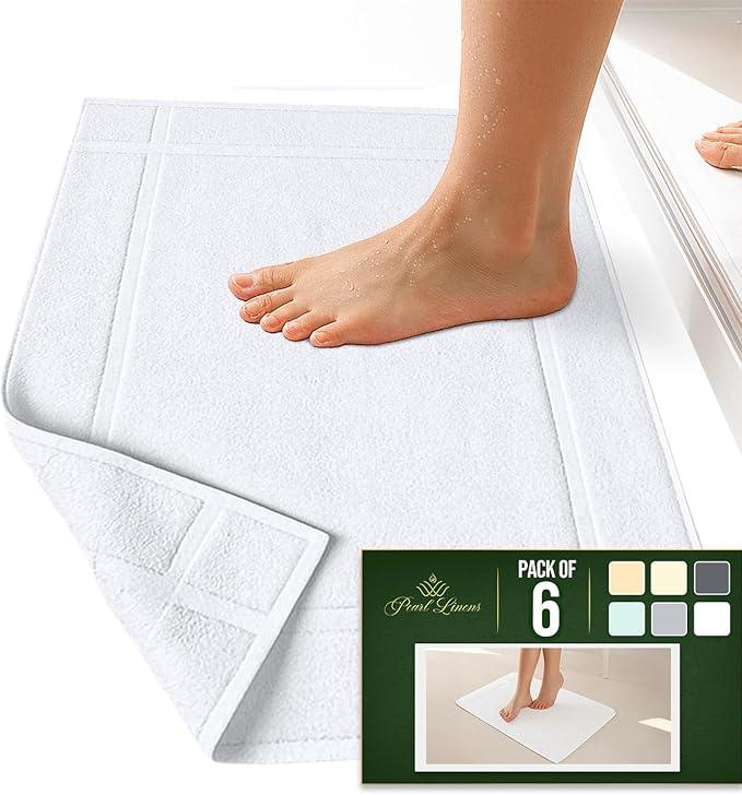 Pearl Linens Pack of 6 100% Cotton Bath Mat 20X30 inches, Soft & Absorbent Quick Dry Bathroom Mat Set, Not Bathroom Rugs, After Shower Mat, Bath Tub Mat, 687 GSM, Machine Washable, White - ModernBath