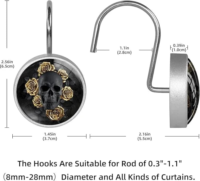 Black Skull with Gold Roses Shower Curtain Hooks Set of 12 Rustproof Metal Decorative Shower Hooks for Curtains Rods Shower Curtain Rings for Bathroom Living Room Bedroom - ModernBath