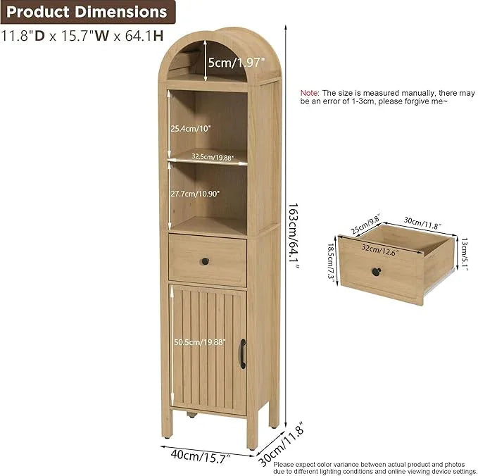 64" Tall Bathroom Storage Cabinet with Adjustable Shelves,Tall Narrow Arched Freestanding Tower Cabinet with Fluted Doors and Drawers,Space Saving Organizer for Bathroom Living Room (Oak) - ModernBath