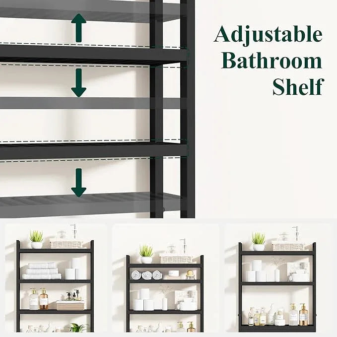 Smiry Over The Toilet Storage Cabinet, 4-Tier Bamboo Bathroom Organizers with Adjustable Shelf & 4 Hooks, Space Saving Shelf Rack for Bathrooms, Laundry Room, Balcony, Black - ModernBath