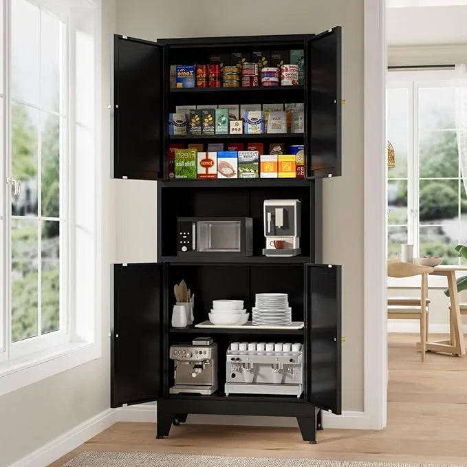Metal Kitchen Pantry Cabinet, 69" Tall Storage Cabinet with 4 Doors and 3 Adjustable Shelves, Freestanding Cupboards for Dining Room, Living Room, Bathroom (Black, 69" H) - ModernBath