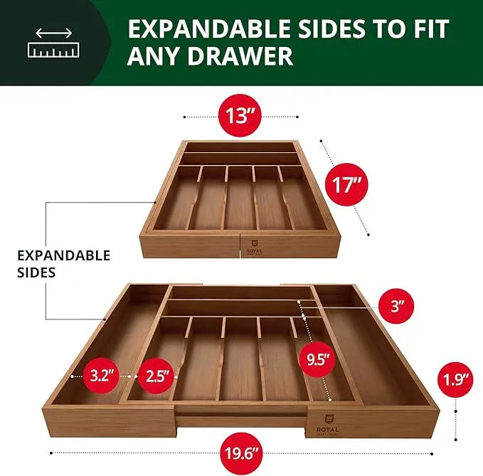 ROYAL CRAFT WOOD Luxury Bamboo Kitchen Drawer Organizer - Silverware Organizer - Utensil Holder and Cutlery Tray with Grooved Drawer Dividers for Flatware and Kitchen Utensils (9 Slot, Brown Bamboo) - ModernBath