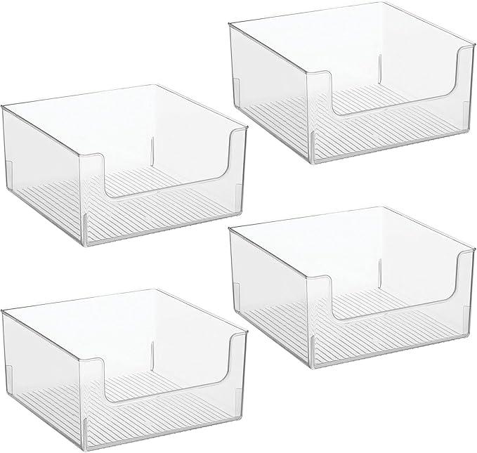 mDesign Plastic Modern Wide Open Front Dip Storage Organizer Bin Basket for Household Organization - Shelves, Cubby, Cabinet, and Closet Organizing Decor - Ligne Collection - 4 Pack - Clear - ModernBath