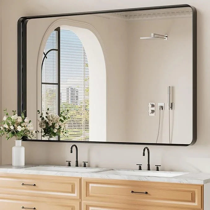 Koonmi Black Wall Mirror for Bathroom, 36x55 Inch Matte Deep Framed Rounded Rectangle Vanity Mirror for Farmhouse Living Room, Tempered Glass, Anti-Rust, Vertically or Horizontally - ModernBath