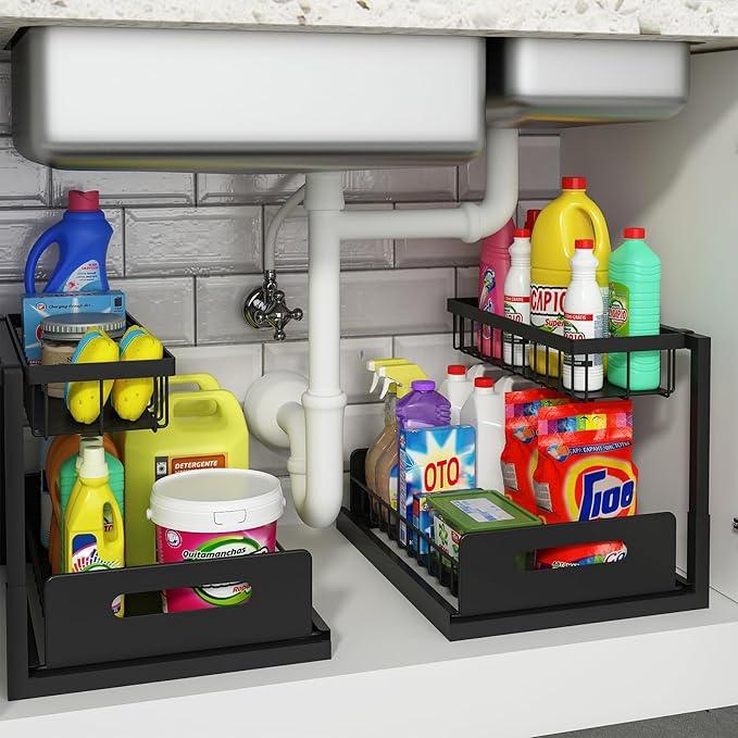 REALINN Under Sink Organizer, Pull Out Cabinet Organizer Slide Out Sink Shelf Cabinet Storage Shelves, Storages for Kitchen Bathroom, Black, 2 Pack - ModernBath