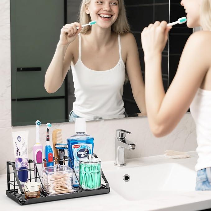 Toothbrush Holders Set with 2 Pack Qtip Holder Dispenser, Kids Electric Toothbrush and Toothpaste Holder, 7 Slots Tooth Brushing Holder for Bathroom Sink Countertop Organizer and Storage Accessories - ModernBath