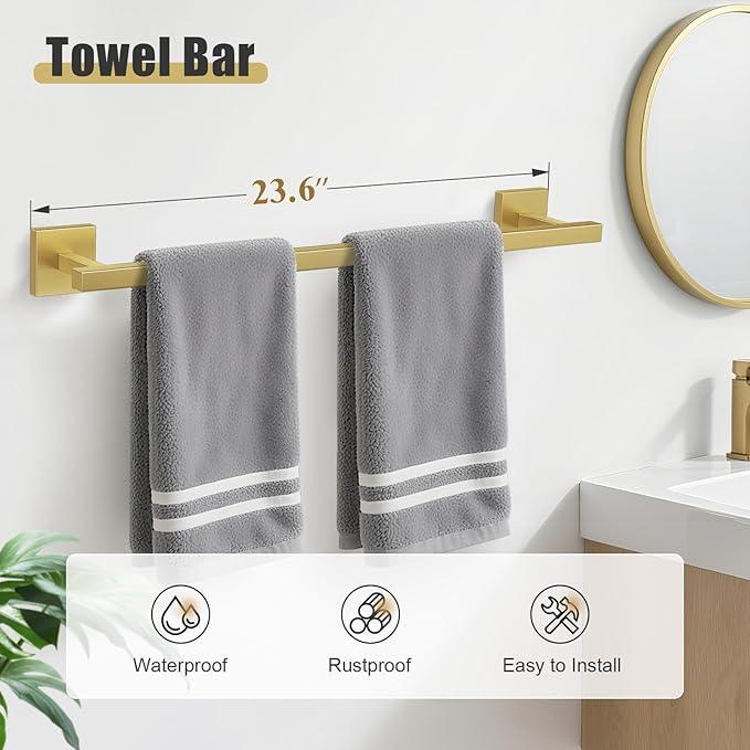 YACVCL 5-Pieces Brushed Gold Bathroom Hardware Accessories Set Stainless Steel Bathroom Towel Bar Set Towel Holder Set for Bathroom,Upgraded Toilet Paper Holder with Shelf,Wall Mounted 23.6" - ModernBath