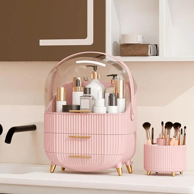 lurcns Makeup Organizers and Storage Make up Organizer for Vanity Cosmetics Skincare With Lid and Drawers Display Cases for Countertop Bathroom Women Teenager Girl Gifts(Pink+Brush Holder) - ModernBath