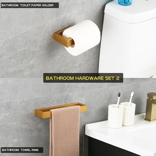 GERZWY Bathroom 2-Piece Accessory Set Gold Stainless Steel Toilet Paper Holder Towel Ring Wall Mount