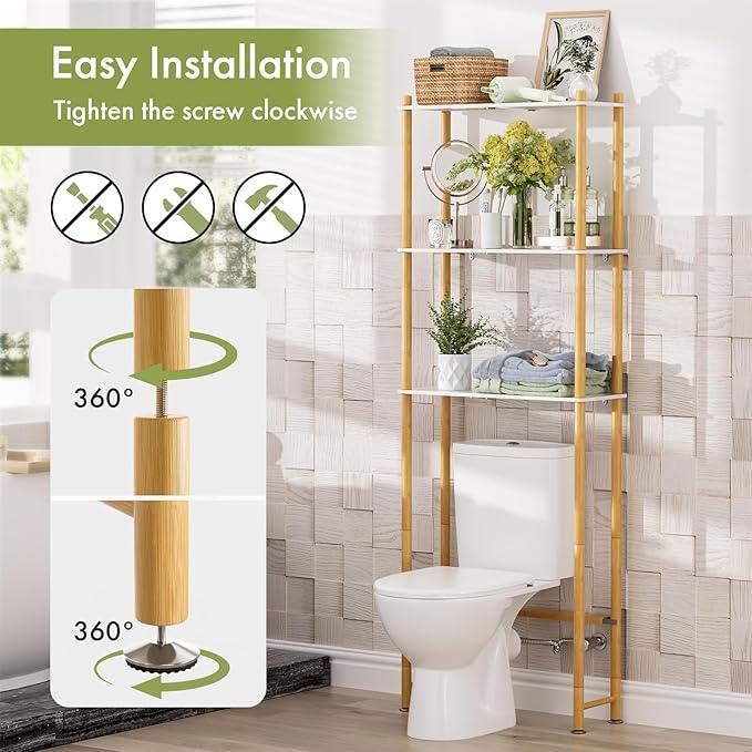 AmazerBath Bamboo Over The Toilet Storage Shelf, Bathroom Storage Organizer Rack, 3-Tier Bathroom Shelves Space Saver, White and Natural Color - ModernBath