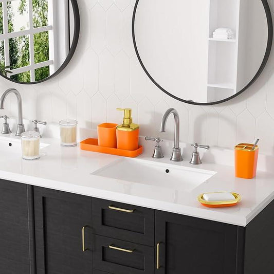 XLHOMO Orange Bathroom Accessories Set, Orange and Gold Bathroom Accessories with Trash Can, Soap Dispenser, Soap Dish, Toothbrush Holder and Q-tip Holders - ModernBath