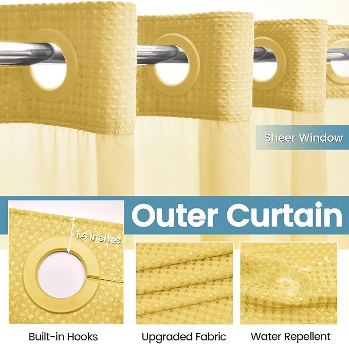 EUTXL Yellow No Hook Shower Curtain with Snap in Liner,230GSM Waffle Weave Shower Curtains for Bathroom,71W x 74H - ModernBath