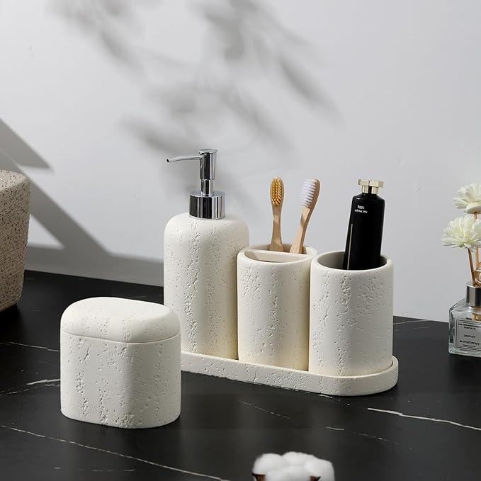 Haocoott Bathroom Accessories Set, 5PCS Modern Bathroom Accessory Set with Soap Dispenser, Mouthwash Cup & Toothbrush Holder, Qtip Holder, Tray - ModernBath