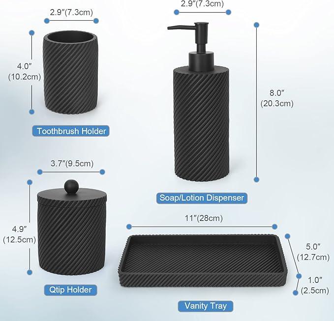 Black Bathroom Accessories Set 4 Pcs - Toothbrush Holder,Lotion Soap Dispenser,Qtip Holder Dispenser,Vanity Tray for Countertop Vanity Organizer,Bathroom Accessory Set - ModernBath