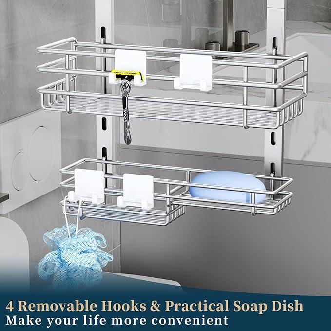 Consumest Over The Door Shower Caddy - 5 Tier Adjustable Shower Organizer Hanging with 2 Toothbrush Holders & 4 Hooks, Rustproof Organizer Shelf, Storage Rack for Bathroom, Silver - ModernBath