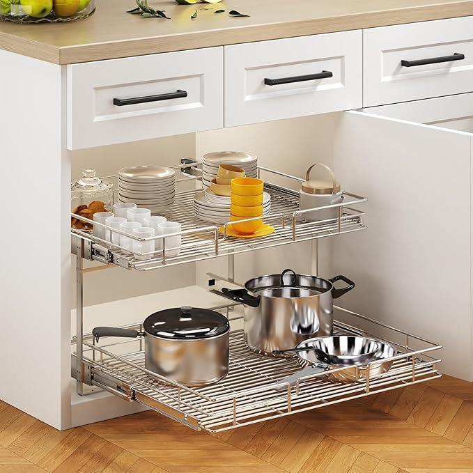 2 Tier Individual Pull Out Cabinet Organizer 25½" W x 21½" D, Heavy Duty Cabinet Pull Out Shelves, Slide Out Drawers Organization for Kitchen Cabinets Bathroom - ModernBath