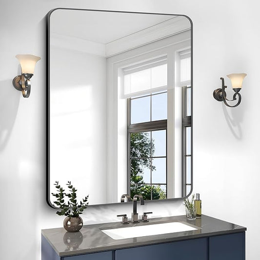 BONEWEI 36x48 inch Bathroom Mirror,Black Rectangle Mirror,Wall Mounted Bathroom Frame Vanity Mirror with Round Corner for Bedroom Living Room, Entryway Hangs Horizontal or Vertical