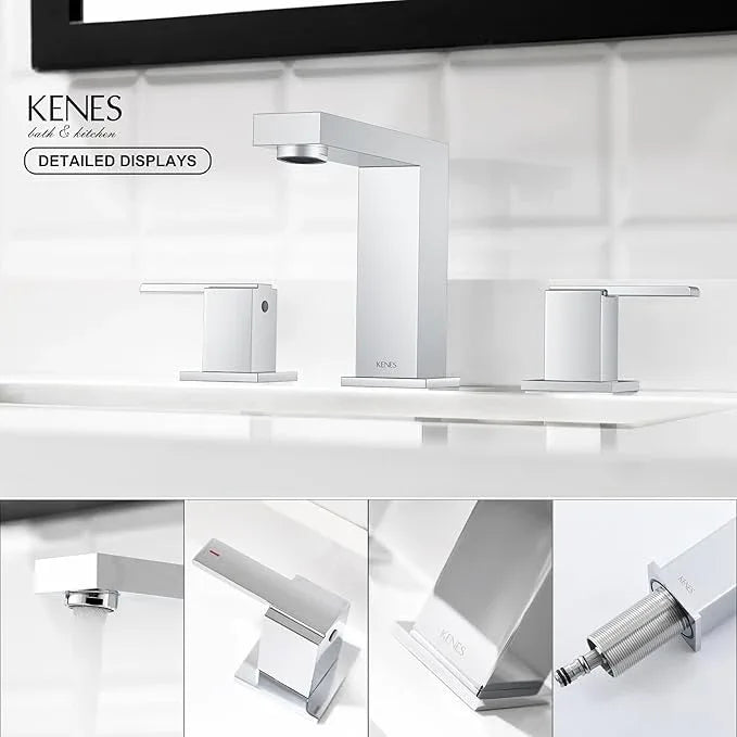 KENES Chrome Widespread Bathroom Faucet Two Handle Bathroom Sink Faucet, 8-Inch 3 Pieces Bathroom Vanity Faucet 3 Hole with Supply Lines, KE-9050-5 - ModernBath