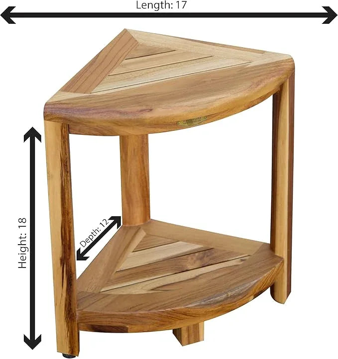 EcoDecors Fully Assembled SnazzyCorner® 18" Teak Shower Bench, Corner Shower Stool, w Shelf in Earthy Teak Finish, Compact Fit for Small Bathrooms & Walk-in Showers – Slip-Resistant Feet, Sauna Bench - ModernBath