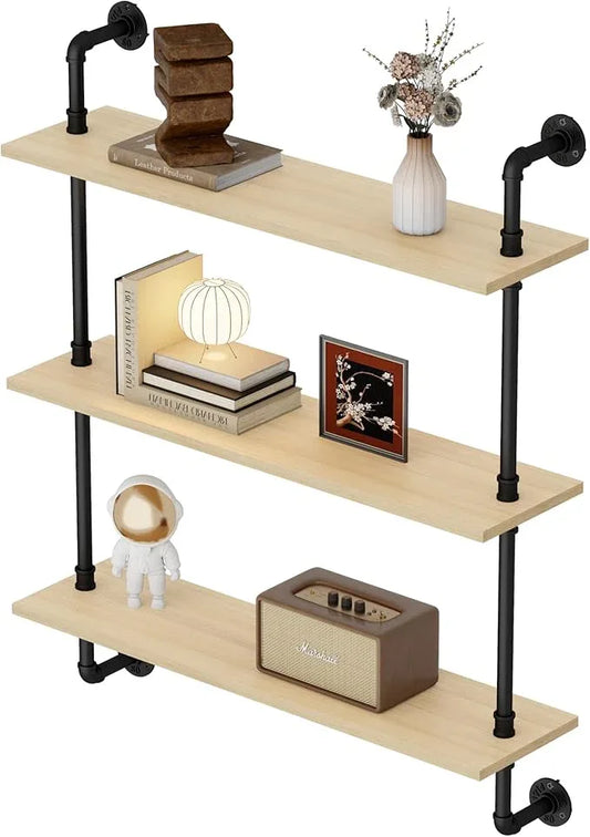 3-Tier Industrial Pipe Floating Shelf – Rustic 36 inch Wood Wall-Mounted Storage Shelf for Kitchen Office,Bathroom & Home Decor -White Oak - ModernBath