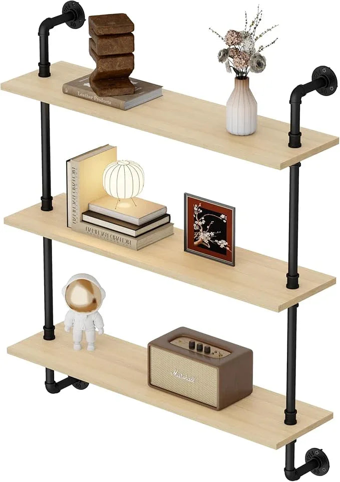 3-Tier Industrial Pipe Floating Shelf – Rustic 30 inch Wood Wall-Mounted Storage Shelf for Kitchen Office,Bathroom & Home Decor -White Oak - ModernBath