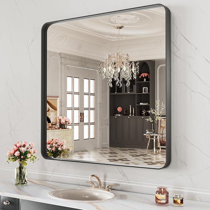 LOAAO 32X32 Inch Black Metal Framed Bathroom Mirror for Wall, Matte Black Bathroom Vanity Mirror Farmhouse, Anti-Rust, Hangs Horizontally or Vertically - ModernBath