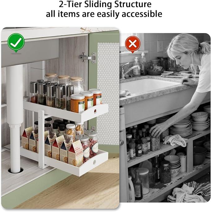 2 Pack Under Sink Organizer, Bamboo Wooden 2-Tier Pull-Out Storage with Sliding Drawers for Kitchen and Bathroom Cabinets, Easy Installation (White) - ModernBath