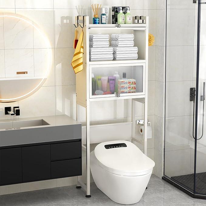 ZZL Over The Toilet Storage Cabinet,3-Tier,Bathroom Toilet Organizer,Waterproof, Cabinet Door Design,Freestanding Space Saver with 4 Hooks for Bathroom,White - ModernBath