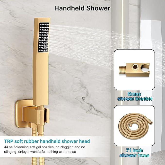 FPXRNG Gold Shower Faucet Set, Rainfall Shower System with Rain Shower Head and Handle Set, Wall Mounted Shower Fixtures, Full Metal Trim Repair Kit 12 inch Paint Gold (With Shower Valve) - ModernBath