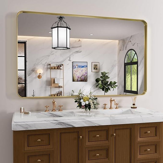 JISOSO Gold Bathroom Mirror, 55x30 Inch Brushed Gold Metal Frame Mirror for Wall, Rounded Rectangle Bathroom Vanity Mirror, Tempered Glass, Anti-Rust, Horizontal/Vertical - ModernBath