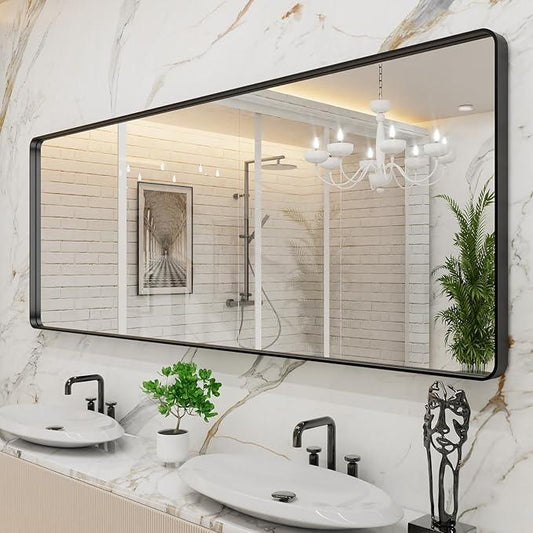 LOAAO 84x32 Inch Black Metal Framed Bathroom Mirror for Wall, Matte Black Bathroom Vanity Mirror Farmhouse, Large Rounded Rectangle Mirror, Anti-Rust, Tempered Glass, Hangs Horizontally or Vertically - ModernBath