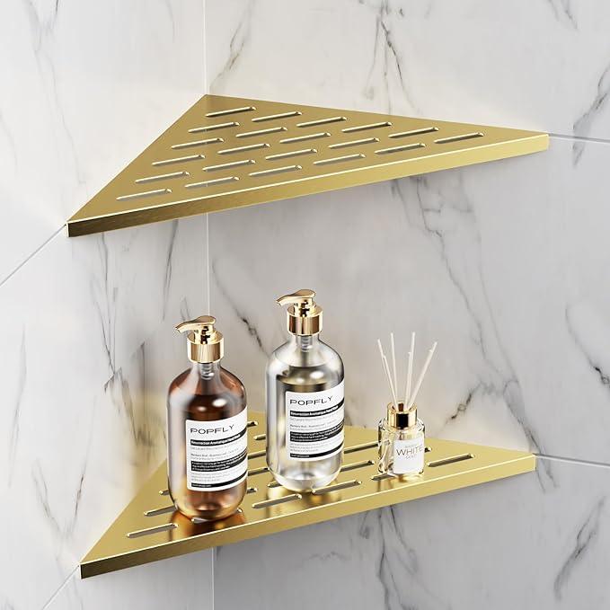 POPFLY 10 Inch Gold Corner Shower Shelf 2 Pack, 304 Stainless Steel Bathroom Shelves for Tiled Wall, No Drilling Recessed Organizer, Luxurious Floating Shower Shelf with Anti-Slip Design, PF7501G - ModernBath