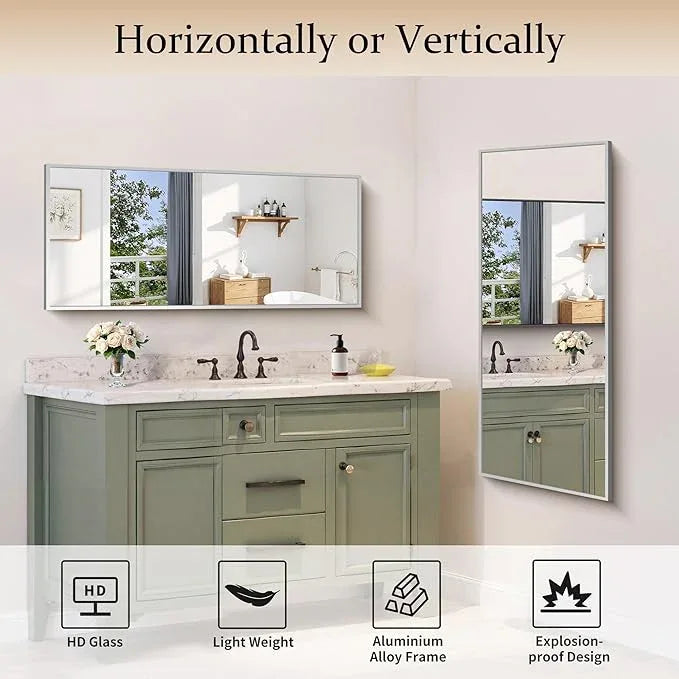 COFENY Silver Bathroom Mirror for Wall, 20x48 Inch Rectangle Mirror with Metal Frame, Modern Vanity Mirrors for Bathroom Living Room, Entryway Hangs Horizontal or Vertical - ModernBath
