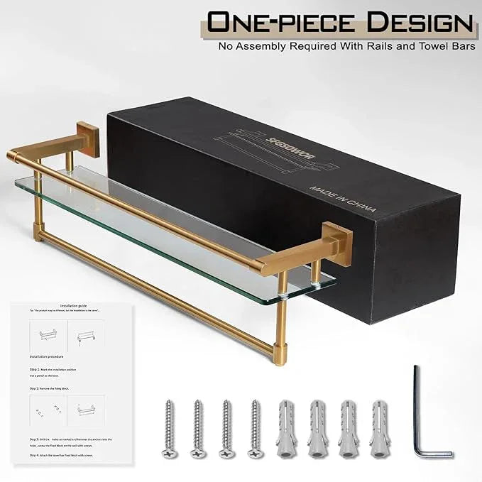 Bathroom Glass Shelf with Towel Bar/Rack 24 inches Wall-Mounted Shelves Tempered Glass Sink Toilet Organizer Shower Towel Decorative Storage (Polished Gold Finish) - ModernBath