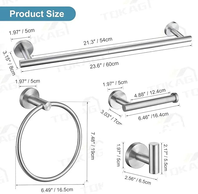 TQKAG Brushed Nickel Bathroom Hardware Accessories Set - 10-Piece Premium SUS304 Stainless Steel Towel Bar Holder Set with 23.6 Inch Round Towel Racks for Wall Mounted Bathroom - ModernBath