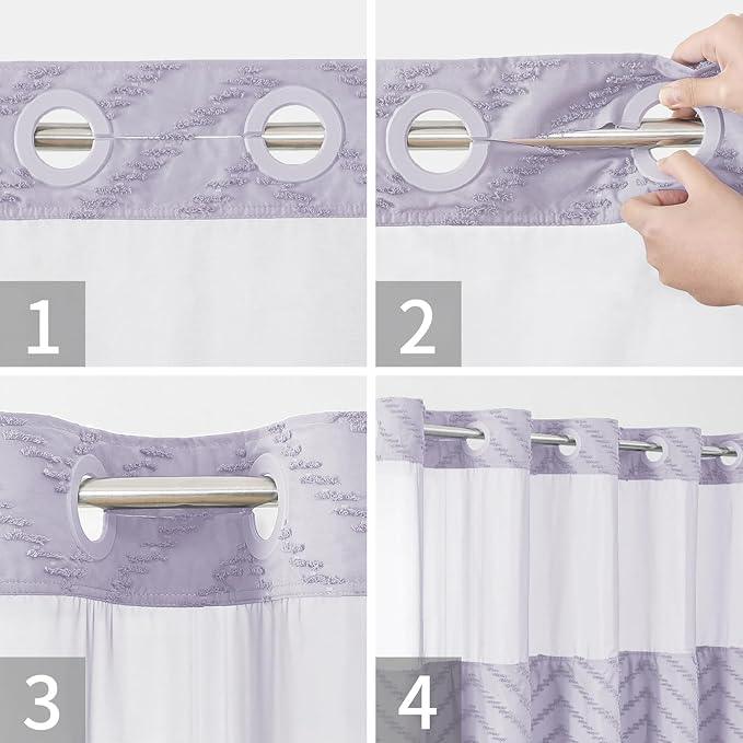 eachope No Hook Boho Farmhouse Shower Curtain with Snap-in Fabric Liner set-71Wx74H(72H),Tufted Chevron Striped Hotel Grade Cloth Shower Curtains for Bathroom with Window,Water Repellent,Lavender - ModernBath