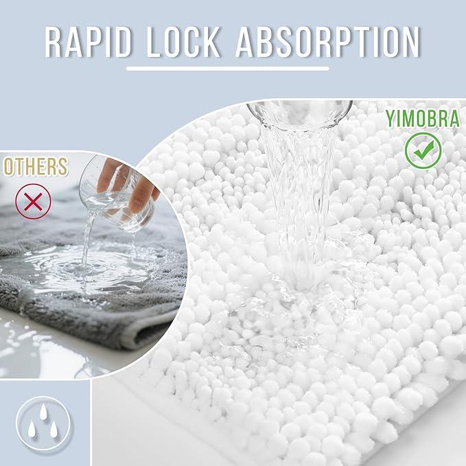 Yimobra Bathroom Rug Mat, Non Slip and Super Absorbent Bath Mat, Machine Washable Quick Dry, Ultra Plush Chenille Shower Rugs for Bathroom Floor Sink Tub and Shower Outside, White, 24 x 17 - ModernBath