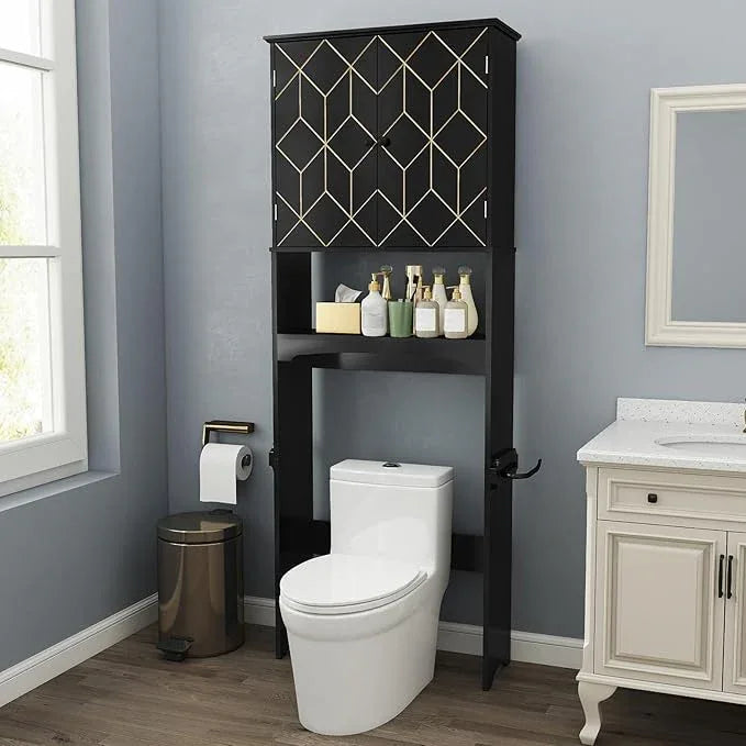 HLR Over The Toilet Storage Cabinet with Gold Trim, Over Toilet Bathroom Organizer with Adjustable Shelves and Toilet Paper Holder, Above Toilet Storage Cabinet Spacesaver for Bathroom (Black) - ModernBath