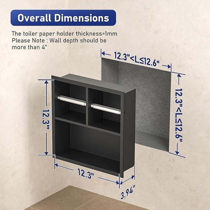 Dual Toilet Roll Holder, 304 Stainless Steel Toilet Paper Holder Toilet Niche Dispenser for Bathroom Renovation (Matte Black) - ModernBath