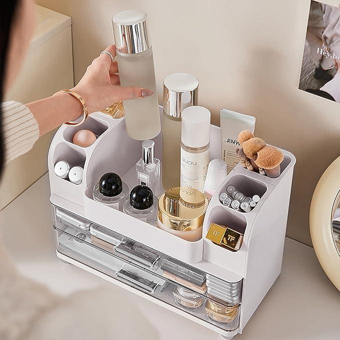 Makeup Organizer with Drawers for Vanity,Bathroom Countertop Organizer with Brushes Holder,Skincare Storage Organizer,Perfect Cosmetic Display Case for Skincare,Lipstick and Beauty Essential (White) - ModernBath