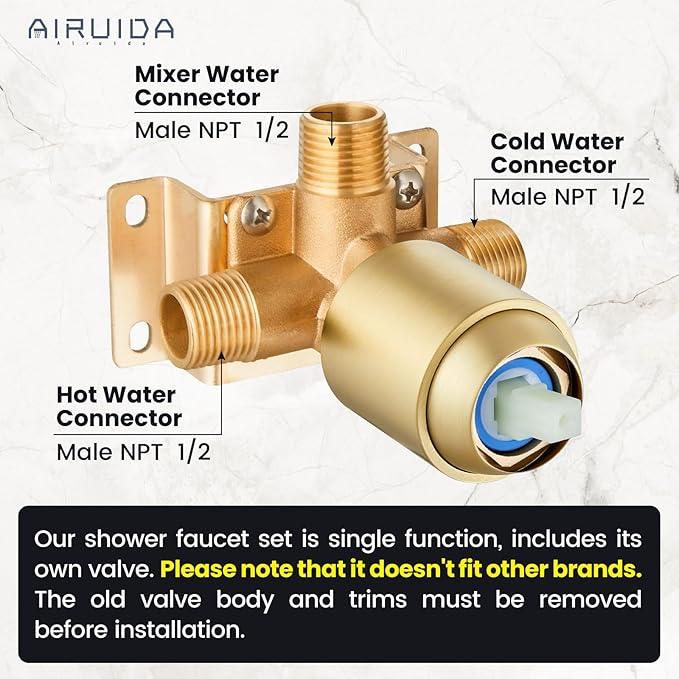 Airuida Shower Faucet Set Bathroom Rain Shower System SUS304 Stainless Steel Single Handle With Male Threads Rough-in Valve Shower Trim Kit 8 Inch Wall Mount Shower Head Brushed Gold - ModernBath