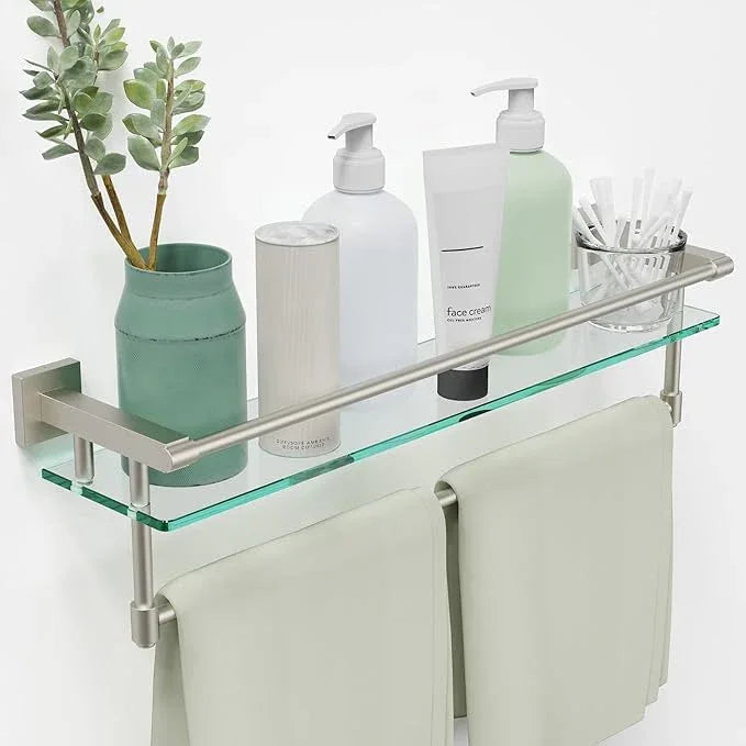 24-Inch Modern Wall-Mounted Bathroom Glass Shelf with 1 Shelf, Brushed Nickel, 1 Towel Bar, 45 lbs Weight Capacity - ModernBath