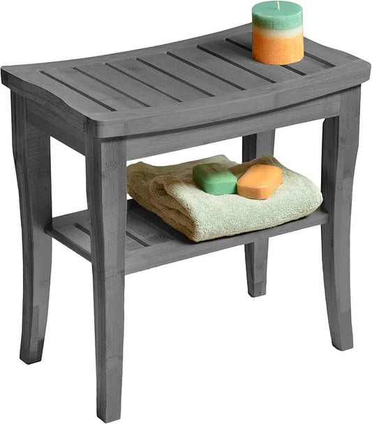 Grey Shower Bench - Small Wooden Shower Stool with Storage Shelf, Non-Slip Bathroom Seat, Spa Decor Bath Bench, Foot Rest Shaving Stool for Shower, Indoor Outdoor Use, Great Gift Idea (17" x 9 x 17) - ModernBath