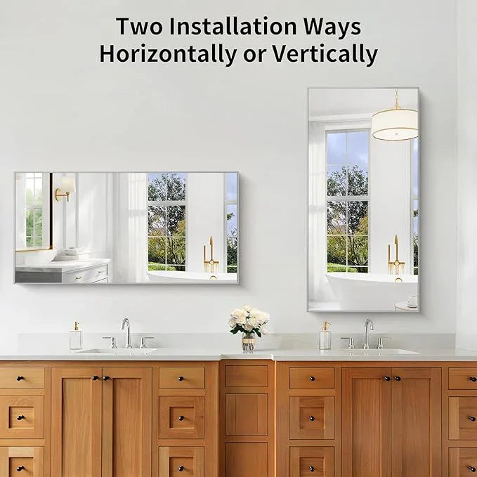 KOCUUY Silver Bathroom Mirror, 48"x24" Rectangle Bathroom Mirror for Wall, HD Tempered Glass, Anti-Rust Brushed Silver Frame, Modern Design for Bathroom, Bedroom, Living Room, Entryway. - ModernBath