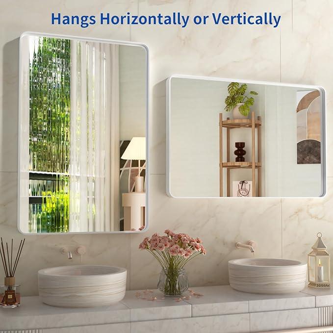 WEER White Bathroom Mirror 28X36 Inch, Rounded Rectangle White Metal Frame Mirror, Matte White Bathroom Vanity Mirror with Tempered Glass, Anti-Rust, Hangs Horizontally or Vertically - ModernBath
