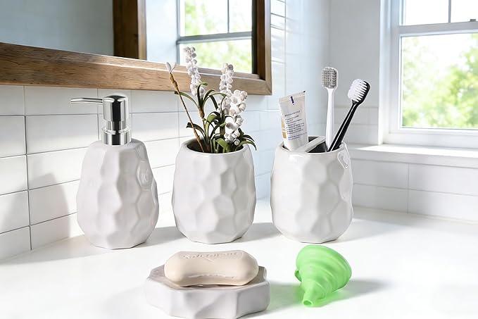 Ceramic Bathroom Accessories Set 4 PCS,Bathroom Toothbrush Holder Set,Soap and Toothbrush Holder Set,Include Toothbrush Holder,Soap Dispenser,Tumbler,Soap Dish,Bathroom Sets Decor Organizer (White) - ModernBath