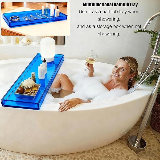 CXNGD Bathtub Tray Table, Clear Acrylic, Anti-Slip Bath Caddy, (Blue, L32.3″ x W7.87″ x H1.18″) - ModernBath